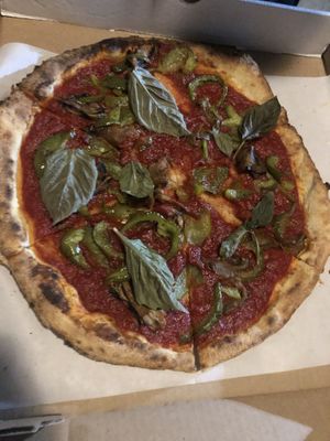  Vegan pizza, no pesto, no vegan cheese, just eggplant pepper and basil   at Pazzo Wood Fired Pizza in Wading River