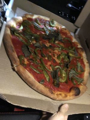 Vegan pizza , no vegan cheese , just bell pepper and basil   at Pazzo Wood Fired Pizza in Wading River