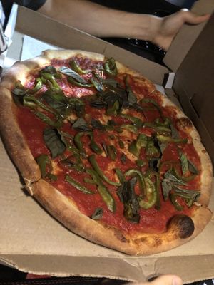 Vegan pizza , no vegan cheese , just bell pepper and basil   at Pazzo Wood Fired Pizza in Wading River