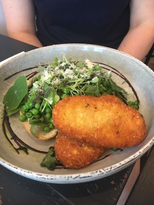 Herb and pea toast (with extra hash brown) at The Lost Deli in Adelaide