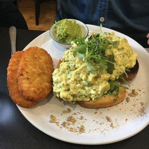 Tofu scramble without mushrooms, with avo and hash brown instead (not charged extra!)  at The Lost Deli in Adelaide