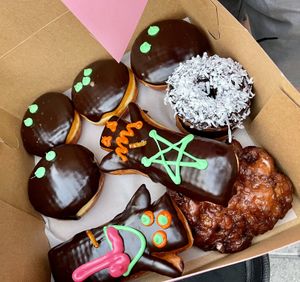 All vegan! The voodoo dolls are filled with jelly!  at Voodoo Doughnut in Universal City