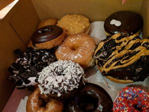 The vegan dozen (minus the ones we ate) at Voodoo Doughnut in Universal City