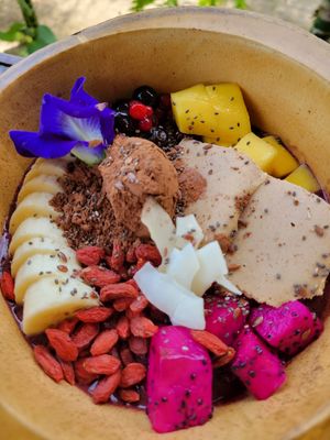 Cacao and peanut butter acai bowl at Pure Vegan Heaven in Koh Phangan
