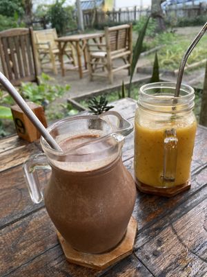 Peanut butter choco shake and mango shake  at Pure Vegan Heaven in Koh Phangan