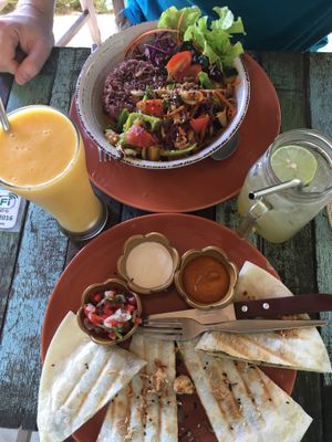 Quesadillas, thai bowl, mango passionfruit shake, yuzu lavender iced tea at Pure Vegan Heaven in Koh Phangan