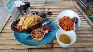 glurenfee vegan tacos(amazing and filling) + sweet potato cubes with a tasty yellow sauce. worth the money. at Pure Vegan Heaven in Koh Phangan