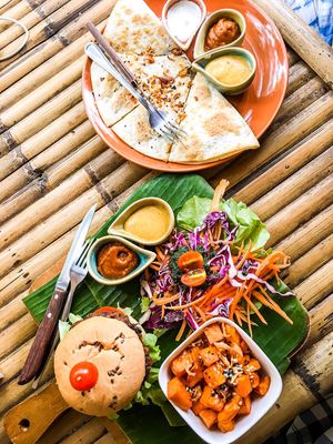Burger and quesadillas  at Pure Vegan Heaven in Koh Phangan