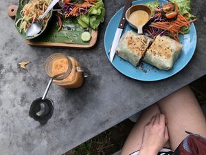 Buritto, salad and Tai tea at Pure Vegan Heaven in Koh Phangan