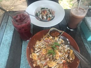 Loaded nachos and sweet potato gnocchi at Pure Vegan Heaven in Koh Phangan