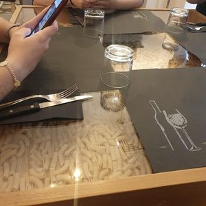 Mesa con pasta 🍝 debajo at Olio Doliva in Sofia