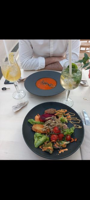 Paprika soup and quinoa bowl. Cocktails: Hugo and Mudi crémant (crémant a la mirabelle) at Pure in Luxembourg City