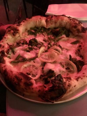 Veggie pizza Bimi with broccoli and lemon at Bistro Bananas in Stockholm