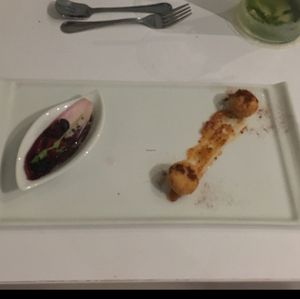 Degustation menu, dish 6: vegan cheese balls, pineapple jam, endive at Barat Vegeliciously Mediterranean in Kuala Lumpur