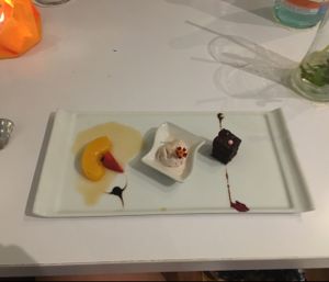 Degustation menu, dish 11: walnut brownie, lavender icecream, peach at Barat Vegeliciously Mediterranean in Kuala Lumpur