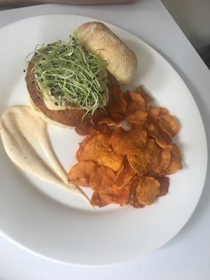 Patatas burger with sweet potato chips at Barat Vegeliciously Mediterranean in Kuala Lumpur
