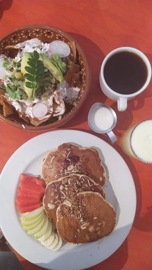 Hot cakes y chilaquiles manatí at El Manatí in Bacalar