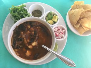 Pozole vegan at El Manatí in Bacalar