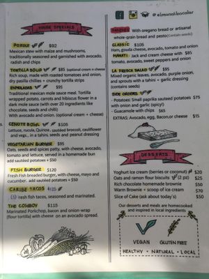 Menu at El Manatí in Bacalar