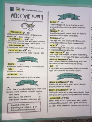 Menu at El Manatí in Bacalar