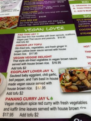 Vegan specific section on menu   at Bangkok Happy Bowl in Breckenridge