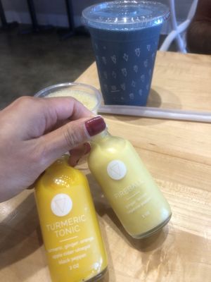 Juice shots & coco loco smoothie  at Vibe Organic Kitchen & Juice in Newport Beach