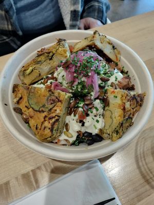 Fiesta bowl + chickpea frittata at Vibe Organic Kitchen & Juice in Newport Beach