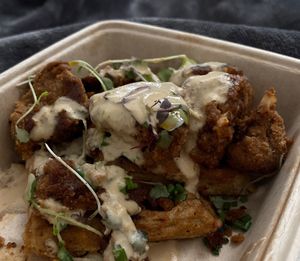 Take out “Chicken” (Cauliflower) n Waffles  at Vibe Organic Kitchen & Juice in Newport Beach