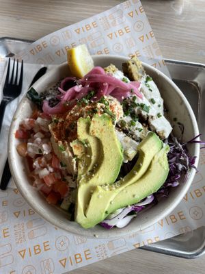 Mediterranean bowl  at Vibe Organic Kitchen & Juice in Newport Beach