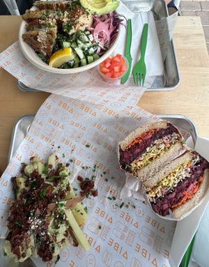 Mediterranean Bowl & Buddha Burger  at Vibe Organic Kitchen & Juice in Newport Beach