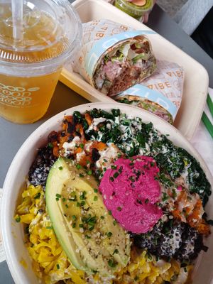 Macro bowl and carnitas crunch burrito at Vibe Organic Kitchen & Juice in Newport Beach