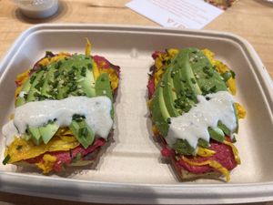 Beet avocado on sweet potato bread   at Vibe Organic Kitchen & Juice in Newport Beach