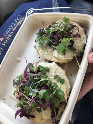 everything bagel with cream cheese. the whole thing was delicious at Vibe Organic Kitchen & Juice in Newport Beach