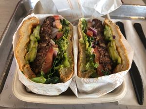 Classic burger + avocado  at Vibe Organic Kitchen & Juice in Newport Beach