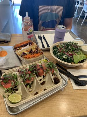 Front:mushroom walnut taco left: macro bowl and the last is of course BUDDHA BURGER ! at Vibe Organic Kitchen & Juice in Newport Beach