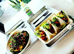 Bombay bowl and the raw jicama tacos:jackfruit soo 👍 at Vibe Organic Kitchen & Juice in Newport Beach