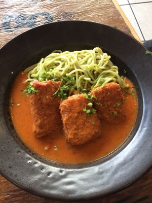 Pasta fusión de chiles.  Excellent cilantro creamy noodles.   at Inspiracion 9 in Tijuana