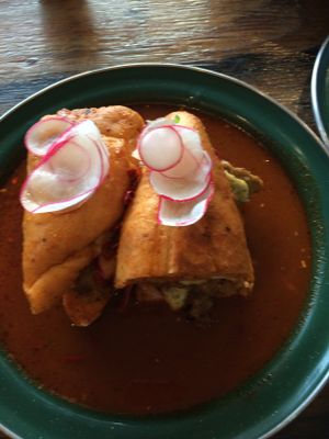 Torta served in sauce.  Stand out.   at Inspiracion 9 in Tijuana