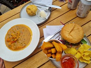 Africa stew and 1/4 pounder with lentil fries at The Vegan Way Cafe in Braintree