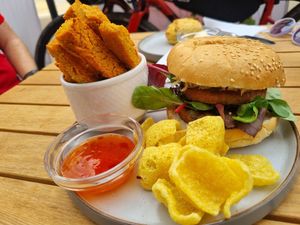 1/4 pounder and lentil fries at The Vegan Way Cafe in Braintree