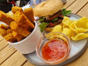 1/4 pounder burger at The Vegan Way Cafe in Braintree