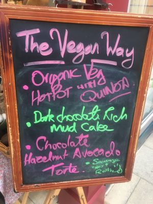 Menu board at The Vegan Way Cafe in Braintree