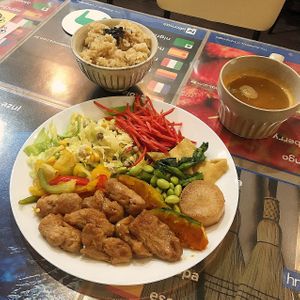 A la carte menu (soy meat with side dishes and rice) at SOJO Esperanto-Vegana Kafejo in Tokyo