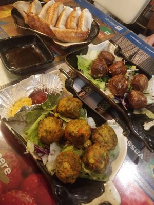 Plant-based balls + veggie balls + gyoza at SOJO Esperanto-Vegana Kafejo in Tokyo