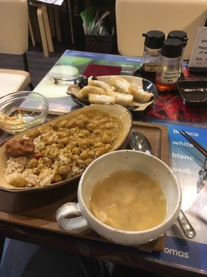 Chickpea curry and gyoza at SOJO Esperanto-Vegana Kafejo in Tokyo