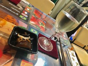 Sake and shitakes at SOJO Esperanto-Vegana Kafejo in Tokyo