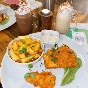 Vegan fish and cheesy chips, choc Oreo and banana milkshakes! at Natural Bar & Kitchen in Birmingham