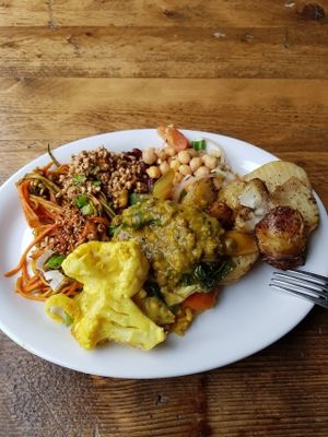 salads, dahl, potatoes, cauliflower cheese at Natural Bar & Kitchen in Birmingham
