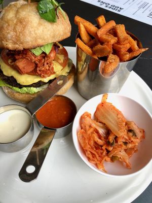 Ultimate Vegan Burger with sweet potato fries at Natural Bar & Kitchen in Birmingham