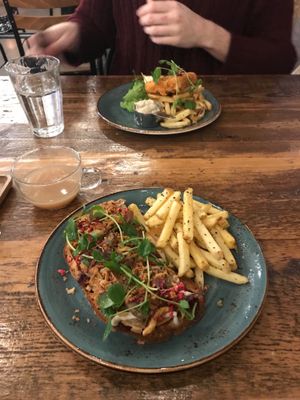 The Christmas open sandwich, tofish and chips in the background. at Natural Bar & Kitchen in Birmingham